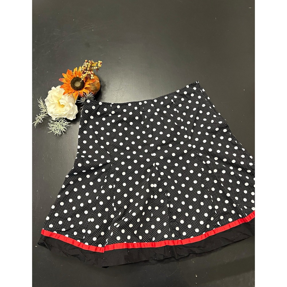 Robbie Bee Y2K Black White Polka Dot A-Line Knee Length Skirt Ribbon Trim Sz 16W